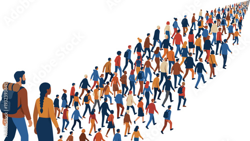 Large crowd of diverse people walking forward in perspective, migration or social movement concept illustration with men, women and children isolated on light background