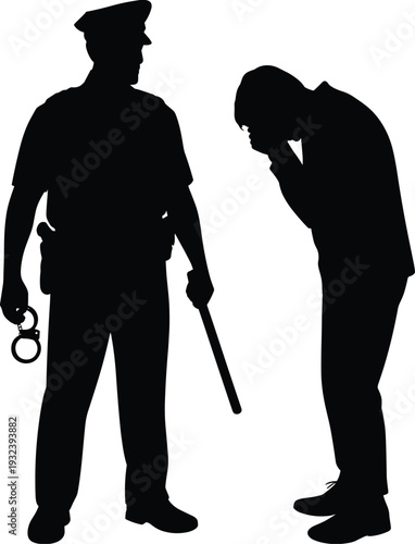 Black silhouette of a police officer with handcuffs and a baton standing in front of a crying suspect for justice design