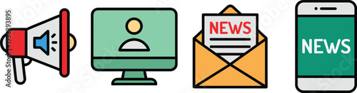 Digital News Communication Icon Set, Online Media Announcement Symbols, Flat Vector Illustration Isolated Background