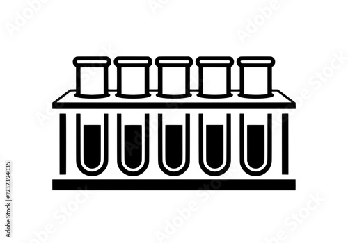 Laboratory test tubes with liquids in a rack on a table in a scientific setting viewed from the front