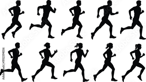 Running men and women silhouette set isolated on white background, athletic male and female runner collection for fitness, marathon, sport training and active lifestyle design