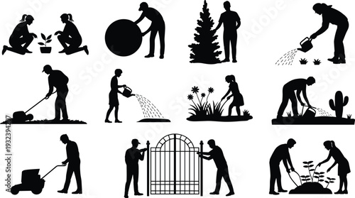 Gardening and Landscaping Silhouette Collection, Garden Worker Activity Set, Black Vector Illustration Isolated Background