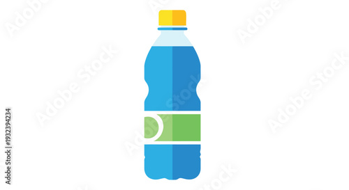 A flat illustration of a plastic water bottle filled with blue liquid