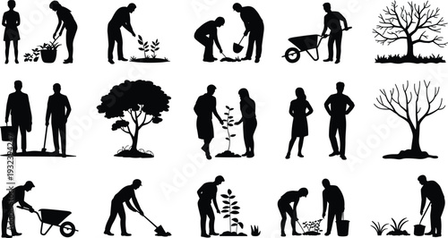 Gardening and Tree Planting Silhouette Set, Landscaping Worker Activity Collection, Black Vector Illustration Isolated Background