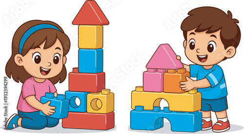 Happy kids building colorful blocks tower, cute cartoon children educational play vector illustration isolated
