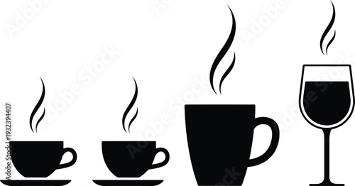 Hot Coffee Cup and Wine Glass Silhouette Set, Beverage Drink Icon Collection, Black Vector Isolated Background