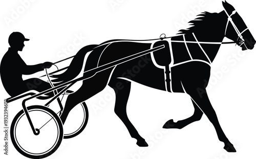 Harness Racing Silhouette A Dynamic Black and White Illustration of a Horse and Driver in Motion