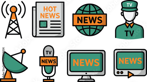 News Media Icon Set Collection, Broadcasting Television Journalism Symbols, Flat Vector Illustration Isolated Background