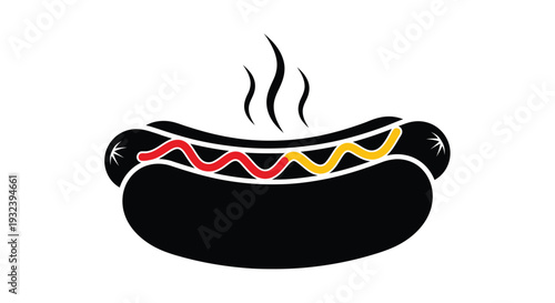 Stylized black and white illustration of a hot dog with mustard and ketchup
