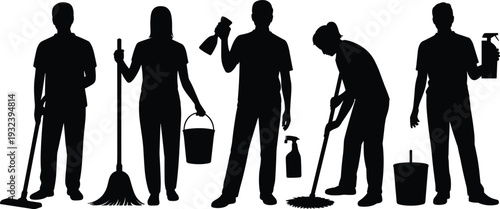 Professional Cleaning Staff Silhouette Collection, Janitor and Housekeeping Workers Set, Black Vector Illustration Isolated
