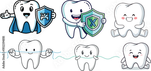 Cartoon teeth with shields and superhero capes Vector, illustration