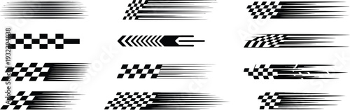 Dynamic vector illustrations featuring various speed blur effects and checkered flag patterns, ideal for high-speed racing, automotive, and finish line graphic designs conveying rapid motion