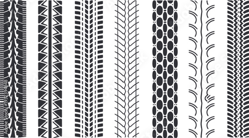 A diverse graphic design collection featuring various tire track patterns and vehicle tread marks, ideal for automotive-themed creative projects and backgrounds