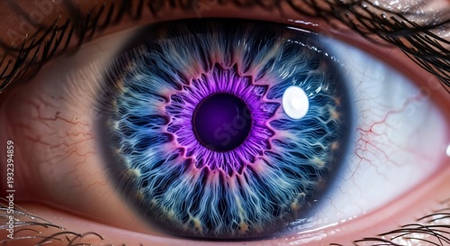 A vibrant blue and purple human eye with visible iris details and eyelashes viewed closely from the side