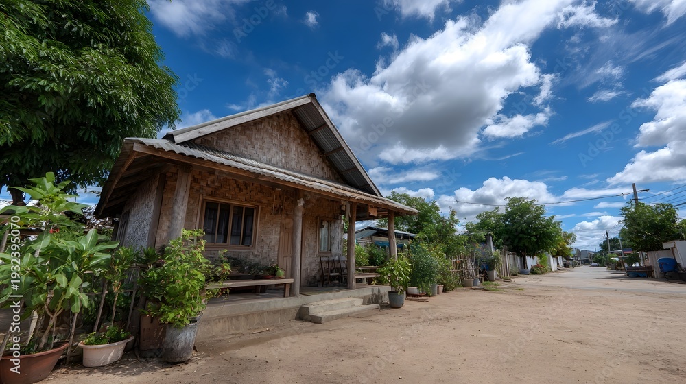 Fototapeta premium A simple rustic bamboo house with a porch stands beside a dirt road under a bright blue sky with scattered clouds surrounded by greenery