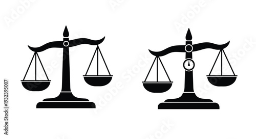 Two black silhouette scales of justice with and without a clock