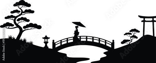 Black silhouette of Japanese woman with umbrella walking on bridge in garden with torii gate and bonsai tree on white background