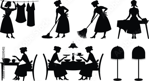 Vintage Housewife Silhouette Collection Set, Retro Woman Cleaning Cooking Scene, Black Vector Isolated Background