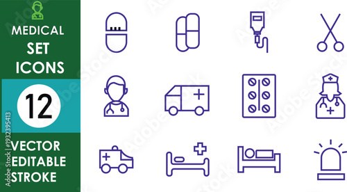 
Gemini said
A professional set of twelve purple line icons representing medical services, including ambulances, pills, doctors, nurses, hospital beds, and emergency equipment with editable strokes