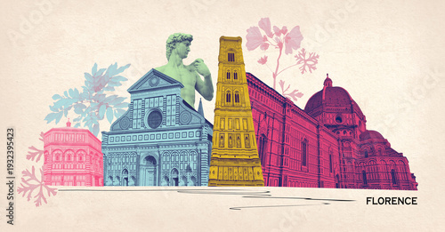 Collage of landmarks of Florence, Italy. Basilica of Santa Maria del Fiore or Basilica of Saint Mary of the Flower in Florence, Italy. Art design