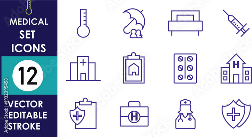 
Gemini said
This professional set features twelve purple line icons for medical care, showcasing hospitals, syringes, first aid kits, nurses, clipboards, and protective health shields