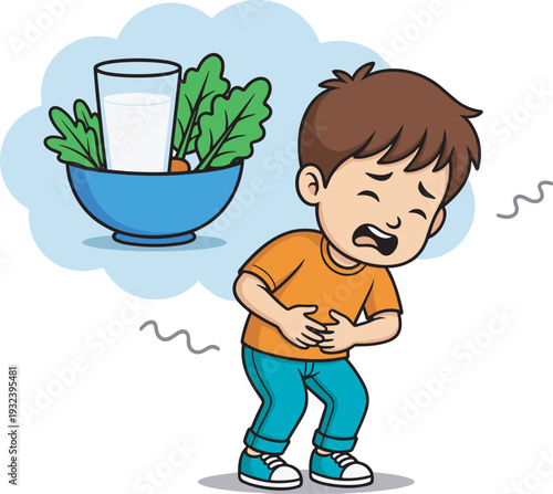 Little boy with stomach ache thinking about healthy food, cartoon child digestion problem vector illustration isolated