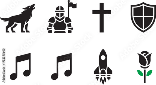 Medieval knight wolf cross shield rocket music icons vector symbol set