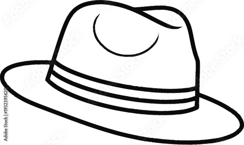 Classic fedora hat line drawing with ribbon band and stylish brim silhouette isolated on checkered background design