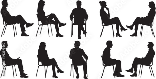 People Sitting on Chair Silhouette Vector Set, Interview Conversation Meeting Black Illustration Collection