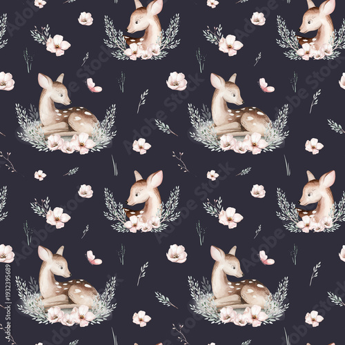 Watercolor Woodland animals seamless pattern. Fabric wallpaper forest with baby deer trees. bird baby animal Nursery backgrouns