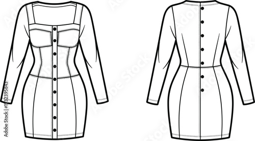 Women's long sleeve bodycon button dress technical flat sketch, front and back view apparel CAD vector illustration template