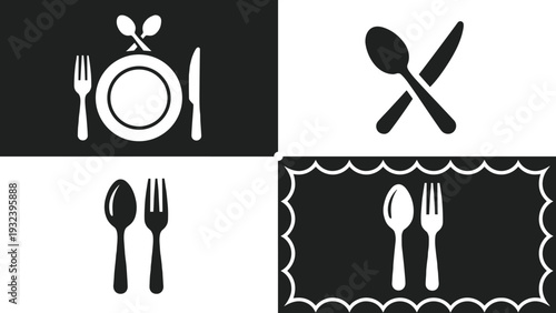 Restaurant cutlery icon set vector illustration, plate spoon fork knife dining symbols for food menu branding