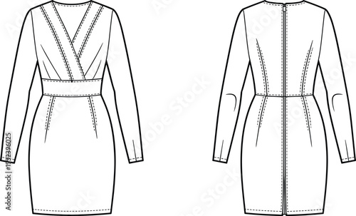 Women's long sleeve wrap pencil dress technical flat sketch, front and back view apparel CAD vector illustration template