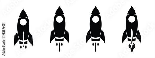 Set of rocket vector icons. Launch spaceship or spacecraft. Rocket fast flying for space. New business start up.