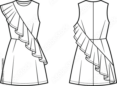 Women's sleeveless ruffle wrap dress technical flat sketch, front and back view apparel CAD vector illustration template
