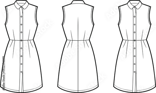 Women's sleeveless button front dress technical flat sketch, front and back view apparel CAD vector illustration template