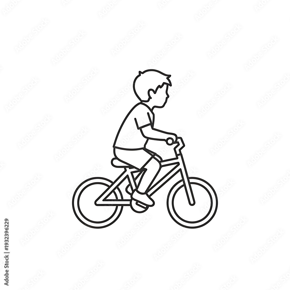 Obraz premium Young boy riding a bicycle in a simple illustration on a plain white background viewed from the side