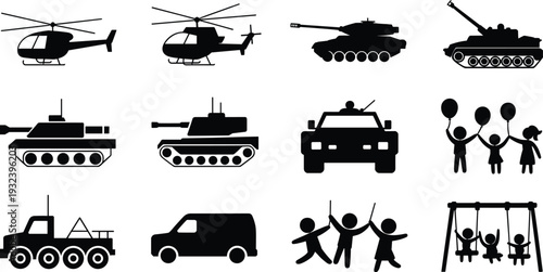 Black silhouettes of military tanks, helicopters, cars, and happy children playing with balloons and swings isolated on white background for design