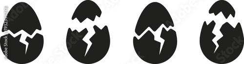 Cracked egg silhouette vector illustration set, broken eggshell icons isolated on white background, hatching symbol collection design