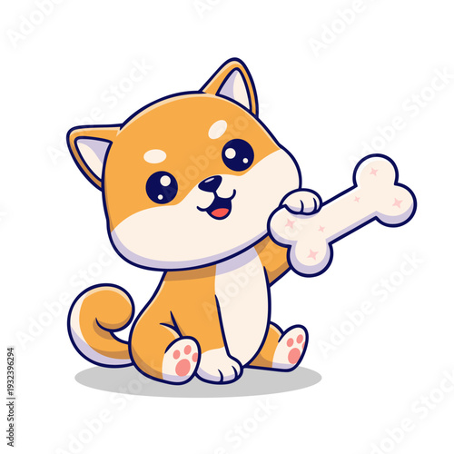 Cute Shiba Inu Puppy Cartoon Holding Bone – Adorable Kawaii Dog Illustration