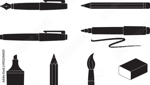 Writing tools silhouette vector set, pen pencil marker brush stationery icons
