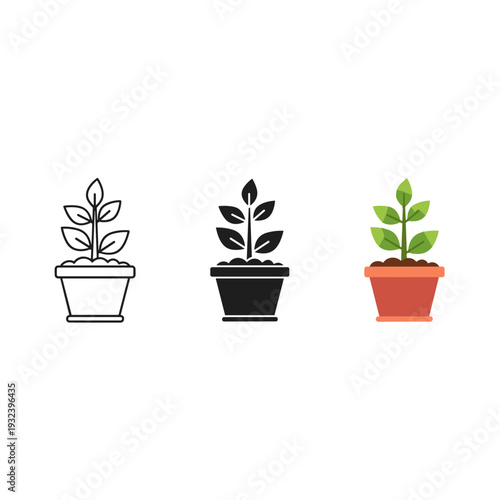 Three small potted plants with different colored pots and leaves Vector