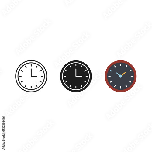 Three clocks with different designs and colors are shown side by side Vector