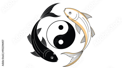 Black and white koi fish swimming in a circle to create a yin yang symbol representing balance and harmony in oriental art.