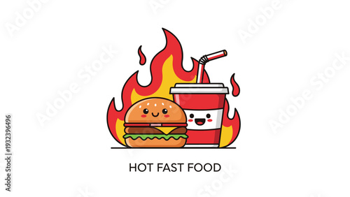 Smiling cartoon burger and soda cup characters standing in front of large flames representing hot fast food in vector art.