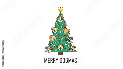 Festive christmas tree composed of various cute dog breed faces and bones with a merry dogmas holiday pun message.
