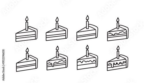 Set of Slices of Cake with Candles Minimalist Vector Icons for Celebration and Parties