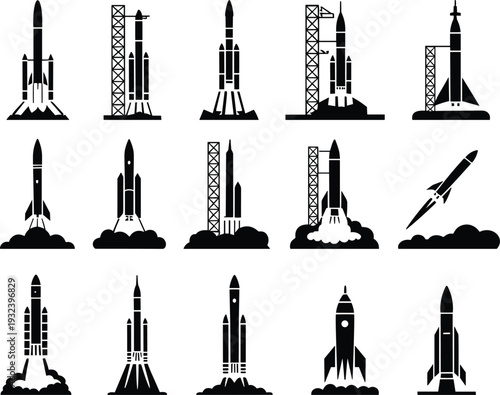 Black silhouettes of space rockets and shuttles launching from pads isolated on white background for aerospace, science, technology, and exploration design