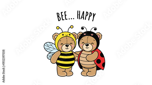 Couple of cute teddy bears dressed in bumblebee and ladybug costumes share a warm hug to promote happiness and friendship.