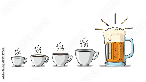 Humorous graphic showing the progression from small morning coffee cups to a large overflowing beer mug for a long day.